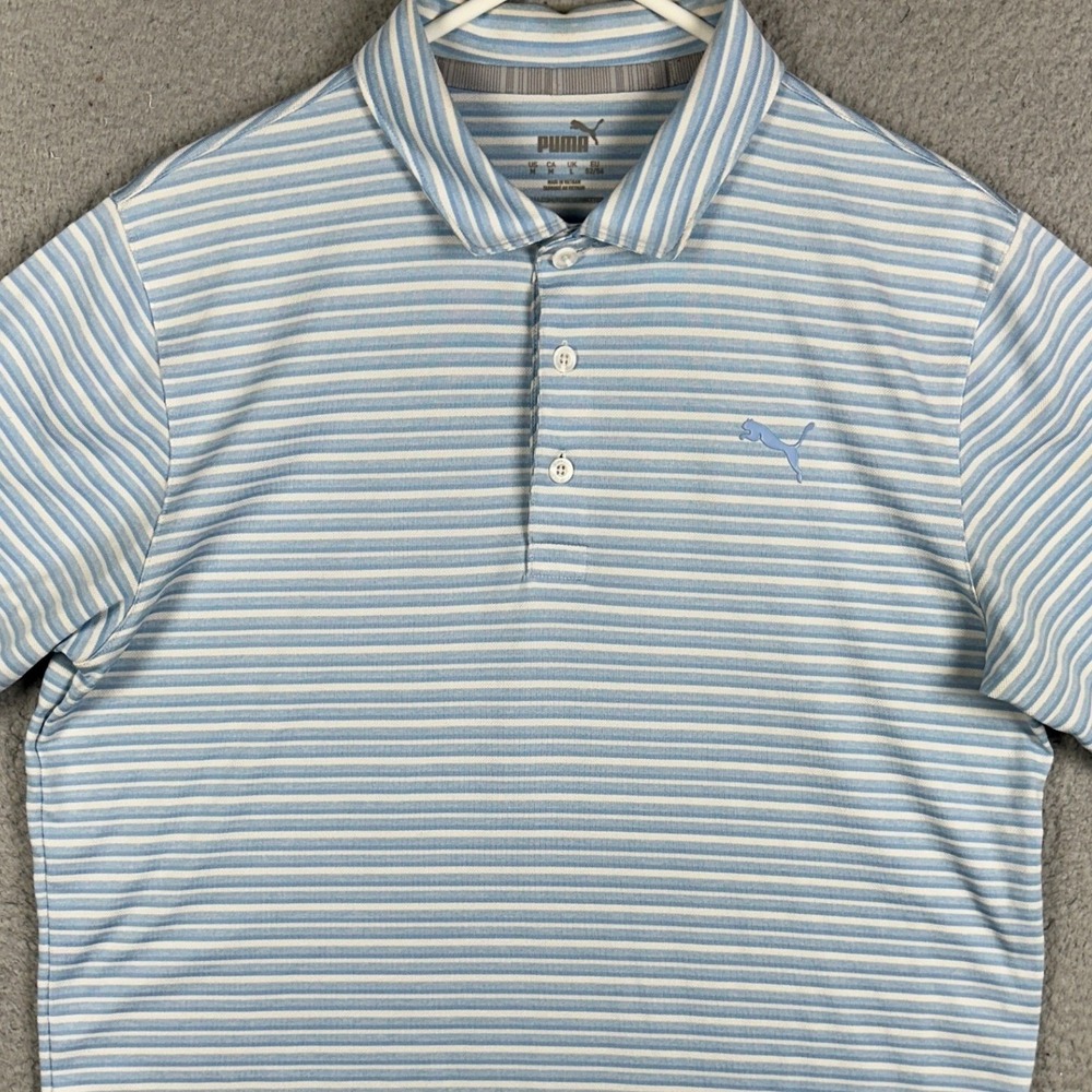 Puma Polo Shirt Mens Medium Blue White Golf Striped Performance Rugby‎ Athletic
